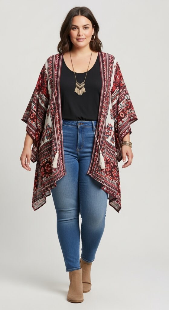 12 Boho-Chic Plus-Size Spring Outfits for a Relaxed, Bohemian Vibe 9 Bohemian Kimono and Skinny Jeans Casual Cool