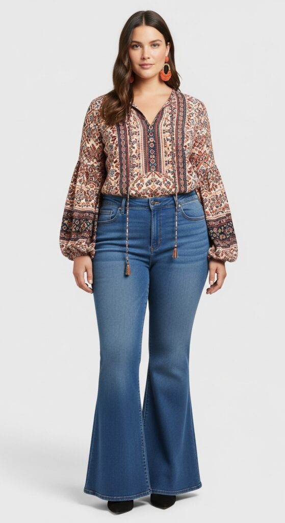 12 Boho-Chic Plus-Size Spring Outfits for a Relaxed, Bohemian Vibe 11 Boho Blouse and Flared Jeans Vintage Vibes