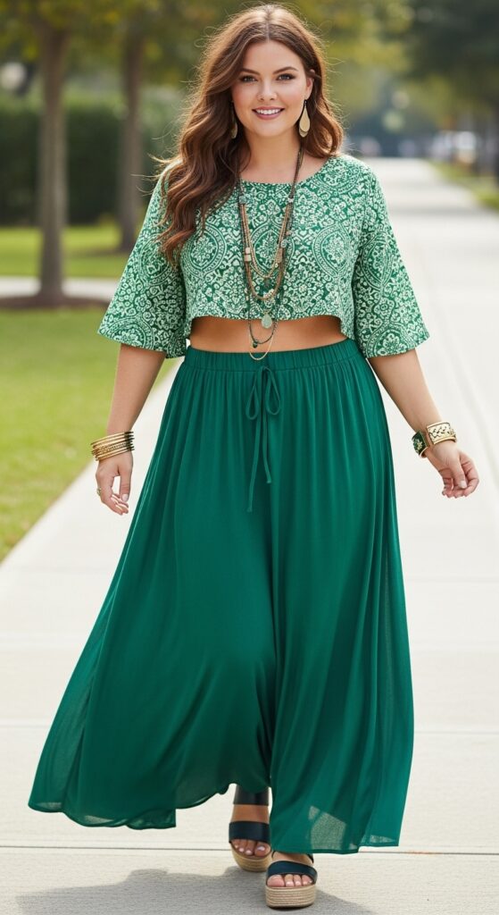 12 Chic Plus-Size St. Patrick’s Day Outfits You’ll Love 11 Boho Green Maxi Skirt and Cropped Top Bohemian-Inspired Vibes