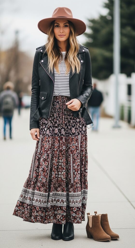 13 Trendy Winter Skirt Outfits That’ll Keep You Warm and Stylish 15 Boho Layers Leather Jacket and Tiered Maxi