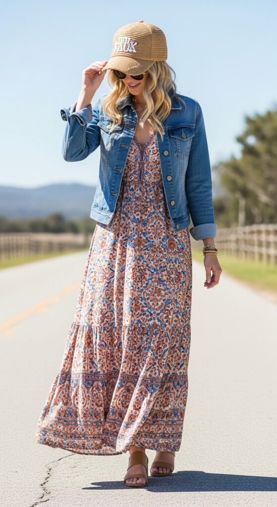 Boho Maxi Dress & Denim with a Straw Cap
