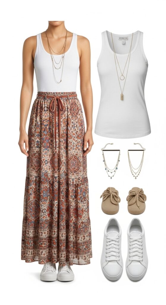 15 Chic White Sneaker Outfits to Elevate Your Everyday Style 7 Boho Maxi Skirt Moment