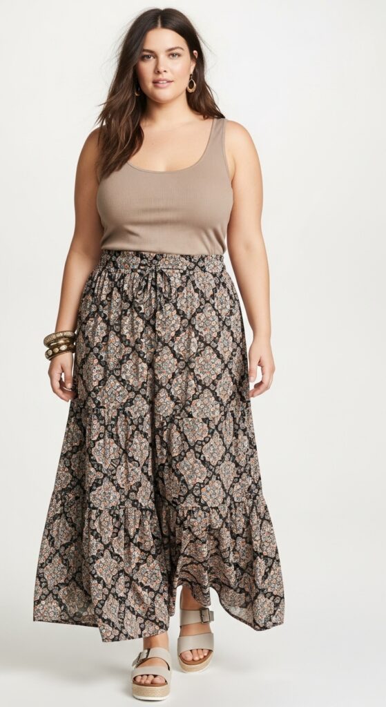 12 Chic Plus-Size Summer Outfits Every Curvy Woman Needs This Year 14 Boho Maxi Skirt and Tank Top Relaxed and Elegant