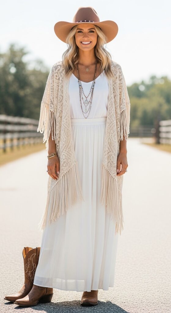Boho Western Fringe Kimono & White Maxi Skirt