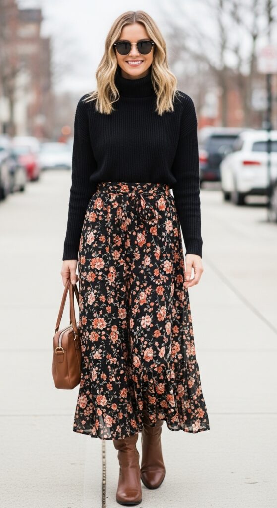 13 Trendy Winter Skirt Outfits That’ll Keep You Warm and Stylish 8 Boho Winter Turtleneck and Floral Maxi