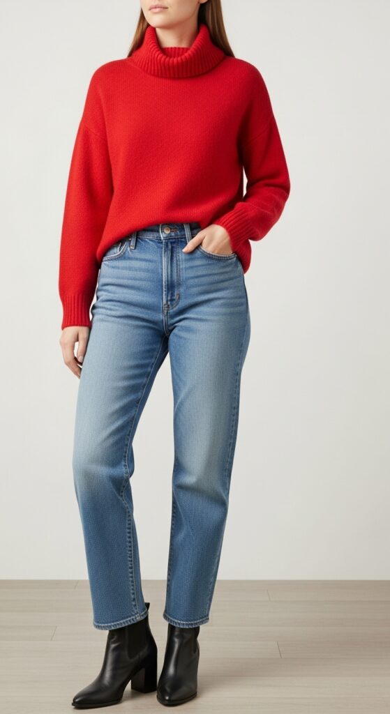 20 Cozy and Chic Sweater Outfit Ideas You’ll Want to Wear All Season Long 3 Bold Red Turtleneck with Straight-Leg Jeans