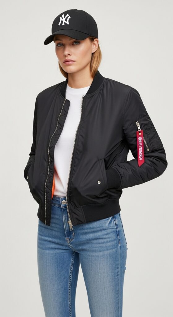 Bomber Jacket & Slim Jeans with a Bold Cap