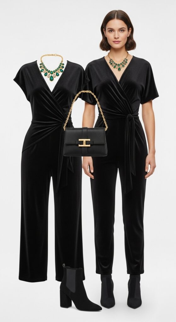 Broadway Glam Velvet Jumpsuit & Statement Necklace