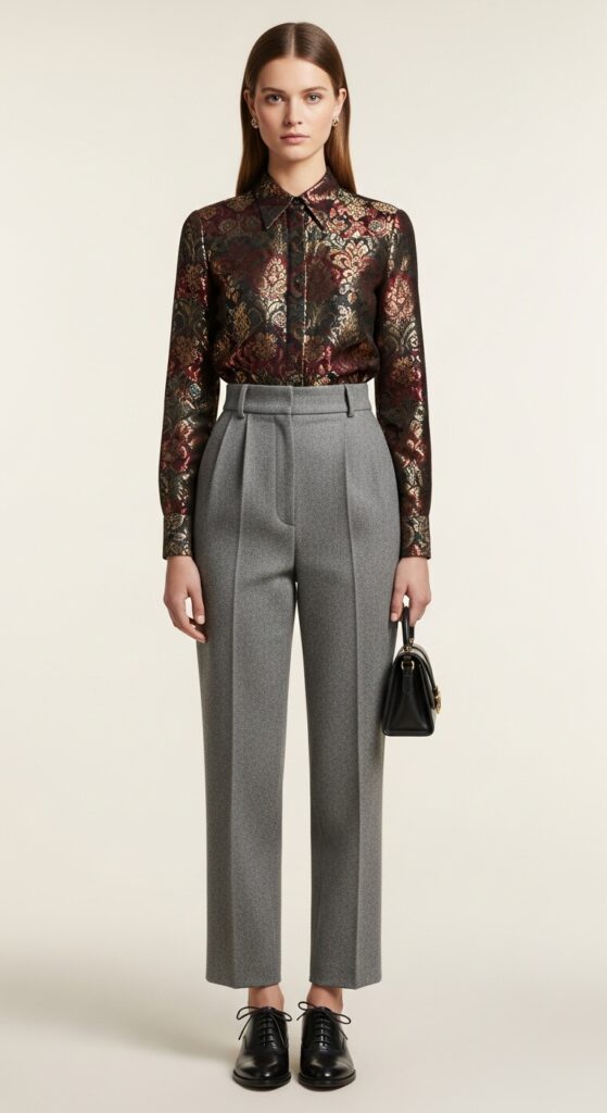 Brocade Blouse and High-Waisted Wool Trousers
