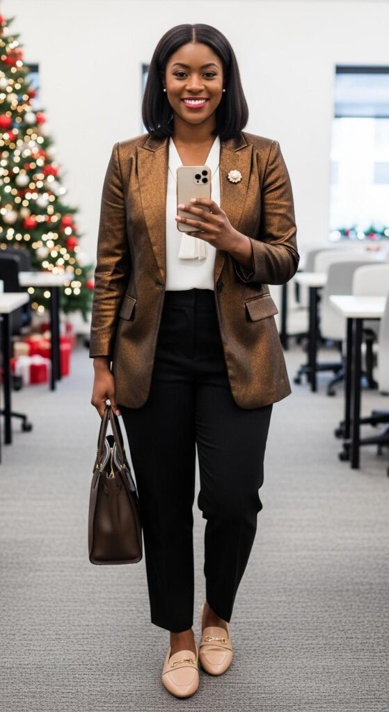 Bronze Blazer and Trousers for Office Holiday Events
