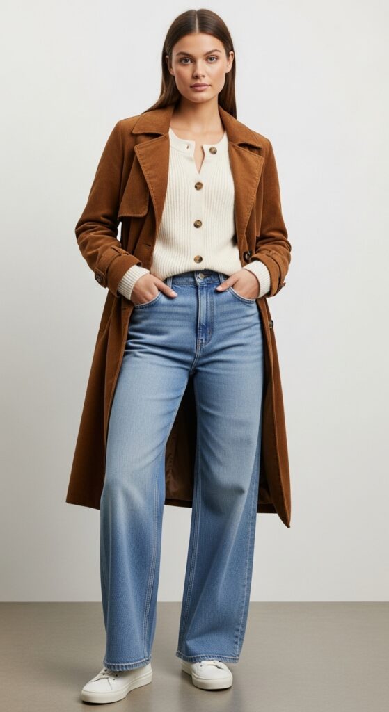22 Stylish Trench Coat Outfits to Revamp Your Wardrobe 22 Brown Corduroy Trench with Button-Up Sweater