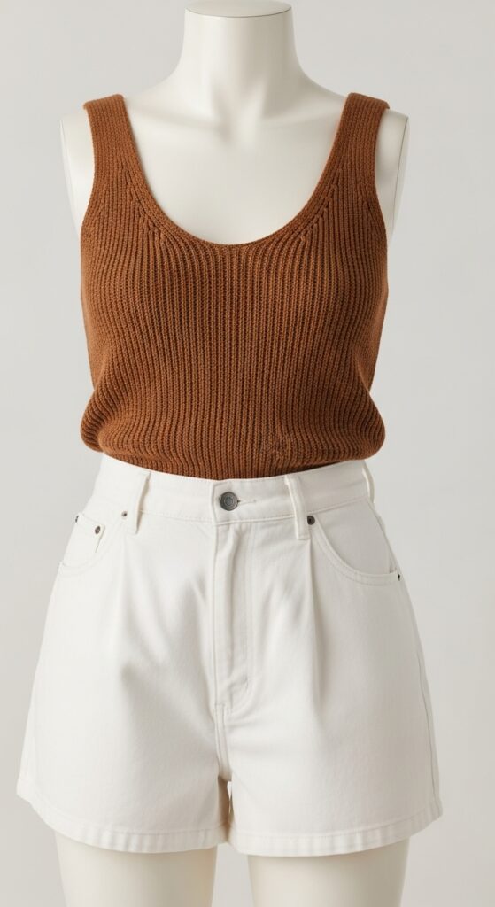 22 Stylish White Shorts Outfit Ideas You’ll Love This Summer 8 Brown Knit Tank Top and White High-Waisted Shorts