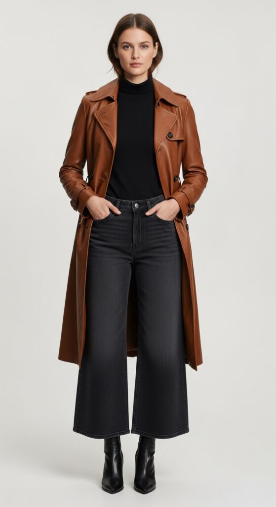 22 Stylish Trench Coat Outfits to Revamp Your Wardrobe 12 Brown Leather Trench with Black Turtleneck