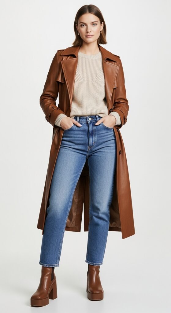22 Stylish Trench Coat Outfits to Revamp Your Wardrobe 18 Brown Leather Trench with Knit Top and Jeans
