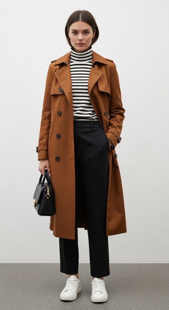 22 Stylish Trench Coat Outfits to Revamp Your Wardrobe 8 Brown Trench with Striped Turtleneck