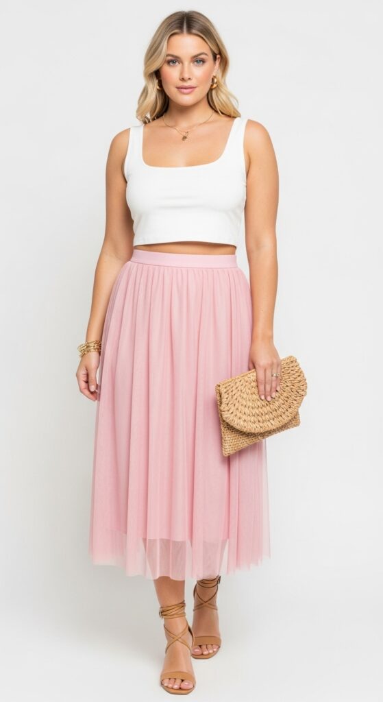 21 Stunning Tulle Skirt Outfit Ideas for U.S. Women in 2025 3 Brunch Bliss White Tank & Pink Tulle Midi