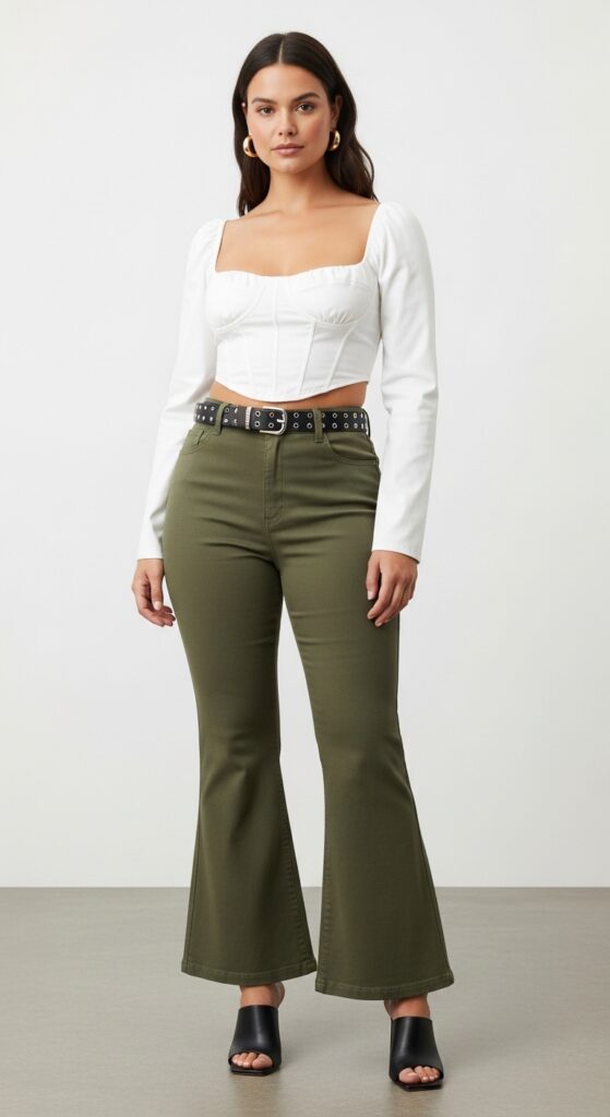 20 Green Pants Outfits to Elevate Your Style 3 Brunch Chic White Corset Top & Olive Green Flares