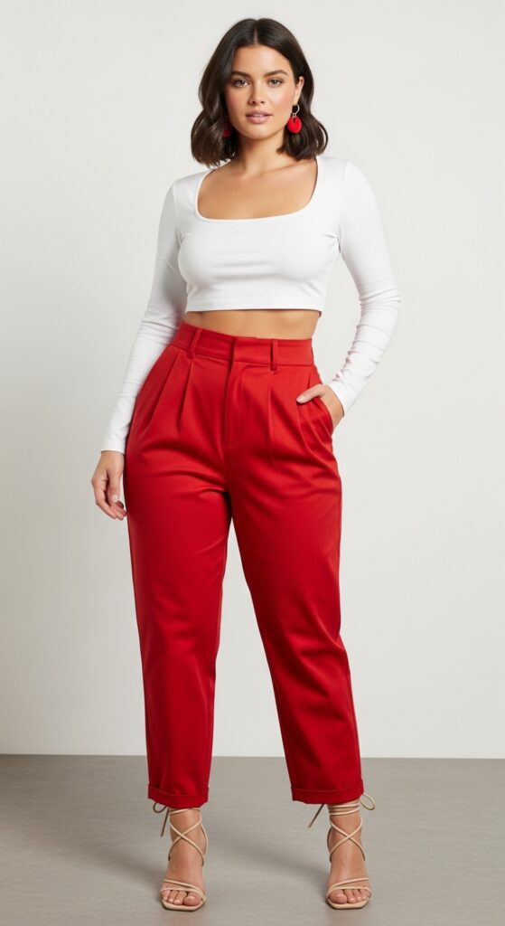 19 Red Pants Outfits to Ignite Your Style 3 Brunch Chic White Crop Top & Red High-Waisted Pants