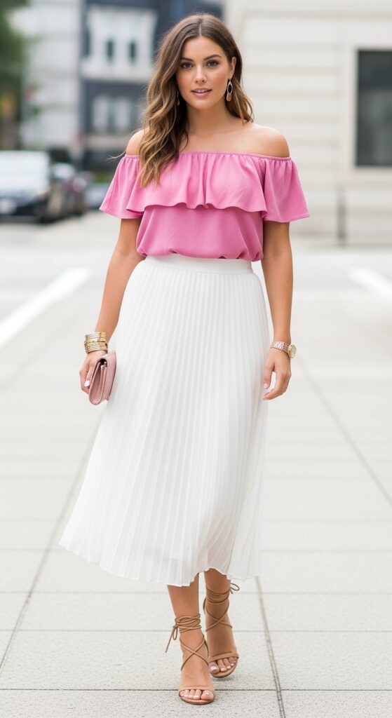 28 Pleated Skirt Outfits to Nail Effortless Chic 3 Brunch Glow Pink Off-Shoulder Top & White Pleated Midi