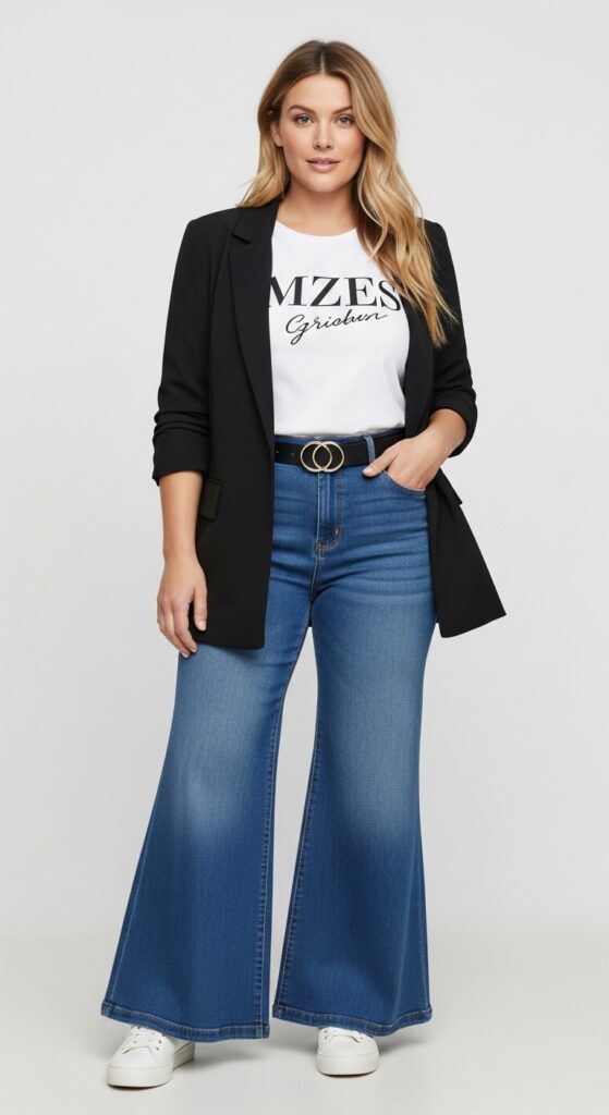 18 Flare Jeans Outfits for U.S. Women in 2025 3 Brunch Vibes Black Blazer & Blue Flare Jeans