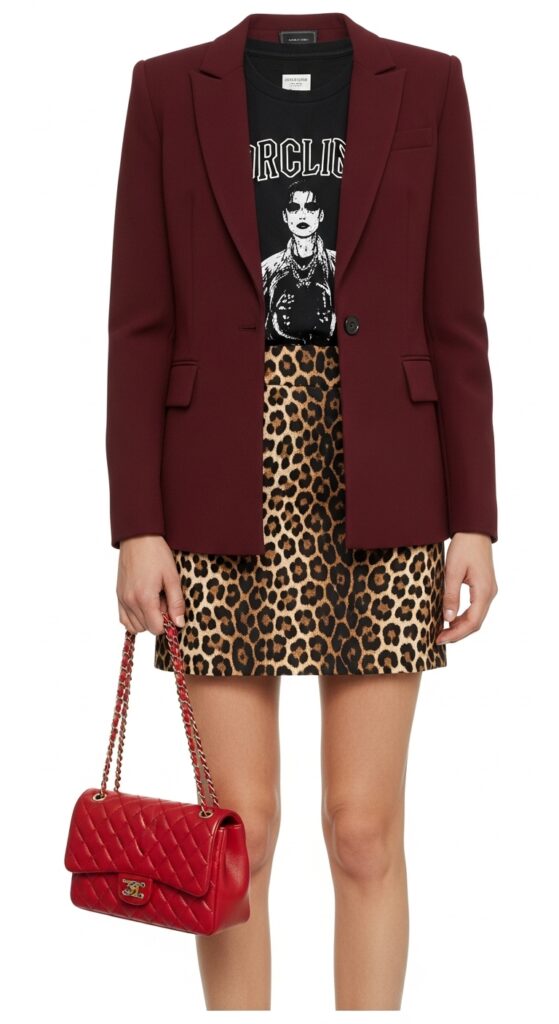 Burgundy Blazer + Leopard Print Skirt