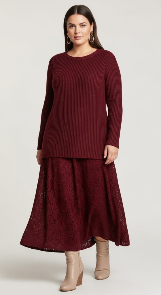 Burgundy Knit Maxi Dress and Boots for Evening Dinners
