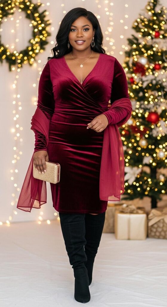 12 Plus Size Velvet Winter Outfits for Black Women with Chic Season Style 3 Burgundy Velvet Dress and Boots for Party Nights