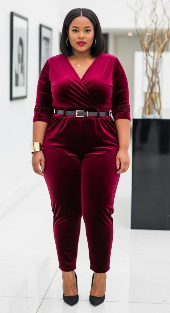12 Plus Size Velvet Winter Outfits for Black Women with Chic Season Style 12 Burgundy Velvet Jumpsuit and Heels for Gala Nights
