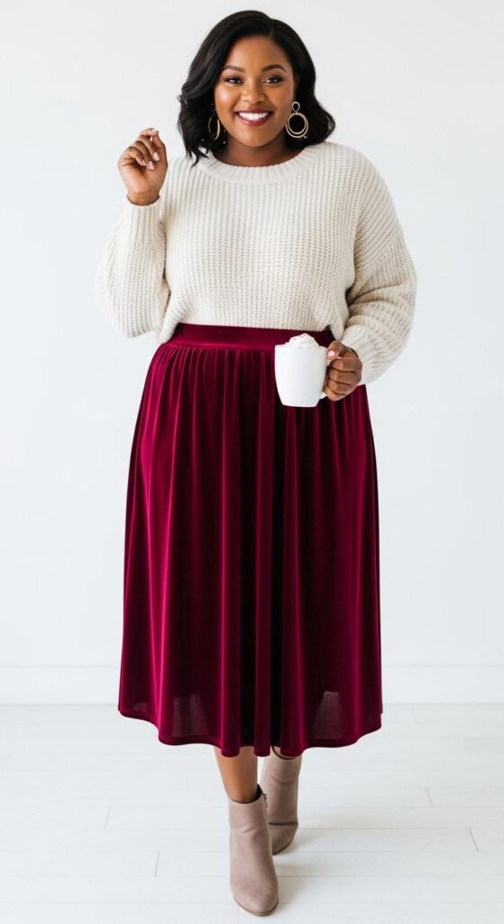 12 Plus Size Velvet Winter Outfits for Black Women with Chic Season Style 6 Burgundy Velvet Skirt and Sweater for Brunch Vibes
