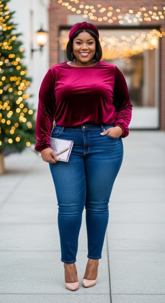 12 Plus Size Velvet Winter Outfits for Black Women with Chic Season Style 9 Burgundy Velvet Top and Jeans for Holiday Sparkle
