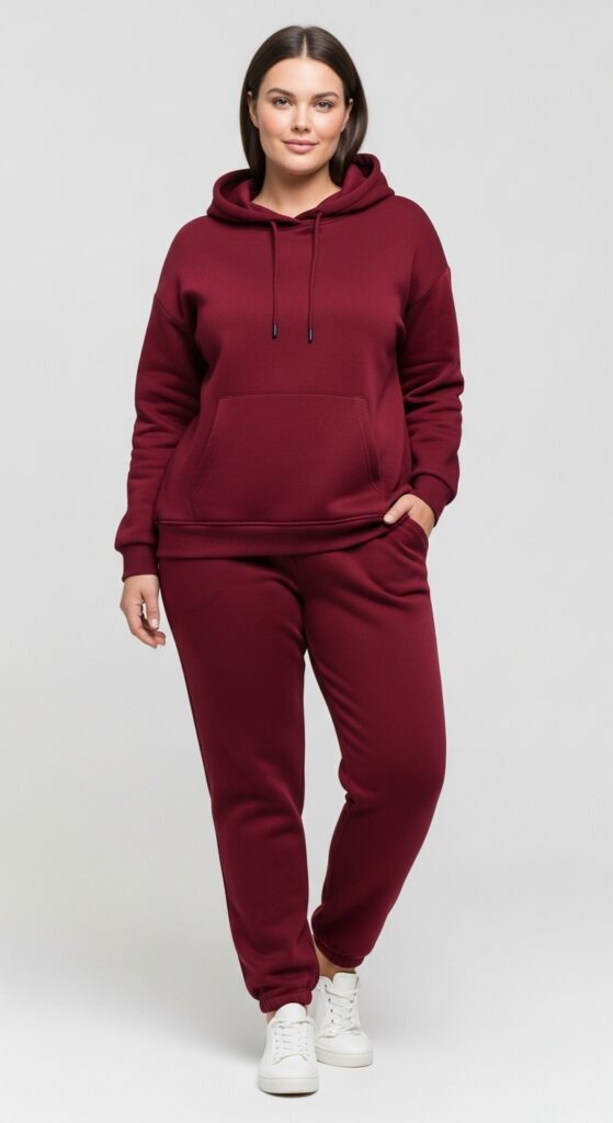 24 Plus Size Casual Winter Fashion Outfits That Celebrate Your Curves 7 Burgundy Winter Hoodie & Cotton Pant Set