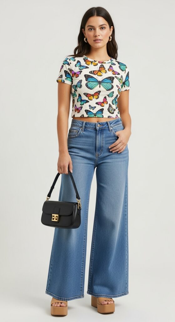 Butterfly Top and Wide-Legged Jeans