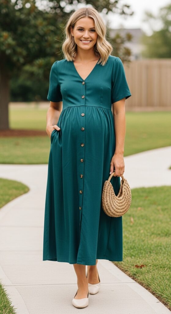 10 Stylish Baby Shower Outfit Ideas for Moms-to-Be and Guests 4 Button-Down Dress for a Casual Vibe