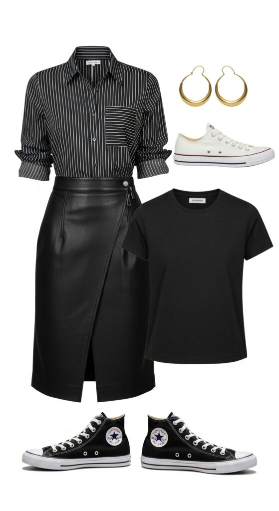 24 Trendy Converse Sneaker Outfits for Every Vibe 20 Button-Down Shirt and Leather Skirt