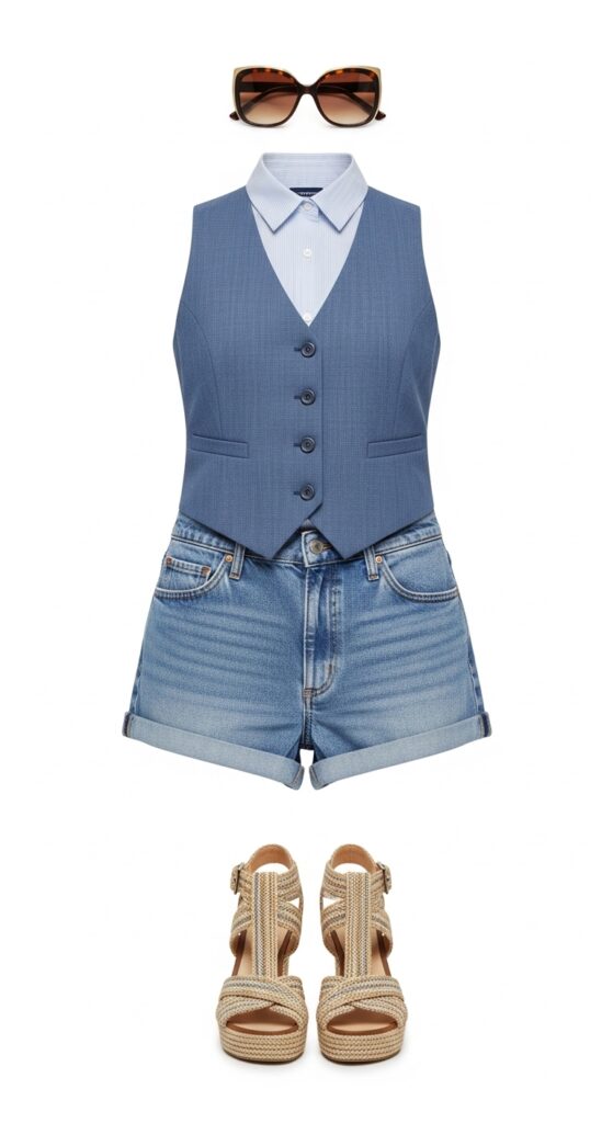 21 Stylish Denim Shorts Outfit Ideas 10 Button-Up Vest and Strappy Sandals