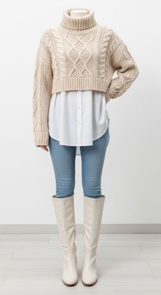 Cable Knit Cropped Sweater, Button-Up, Jeans & Knee-High Boots