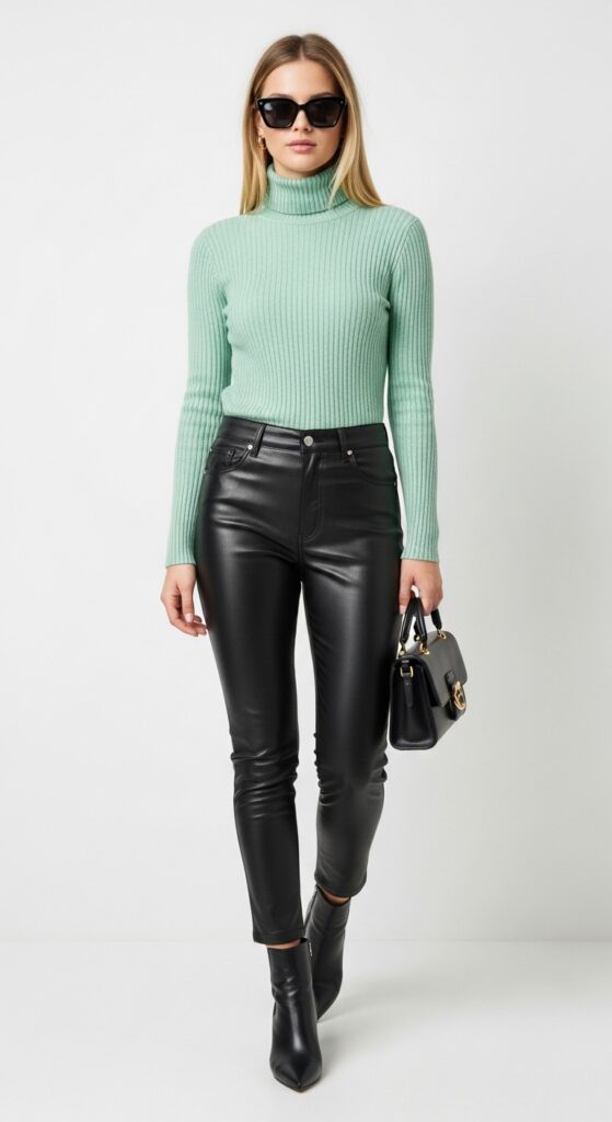 20 Leather Pants Outfits to Slay Every Occasion 8 Cafe Date Mint Turtleneck & Black Leather Pants