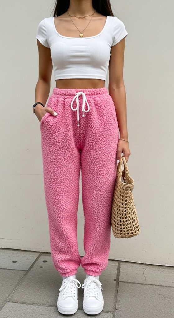 25 Pink Pants Outfits to Steal the Spotlight 8 Cafe Date White Crop Top & Pink Fuzzy Pants