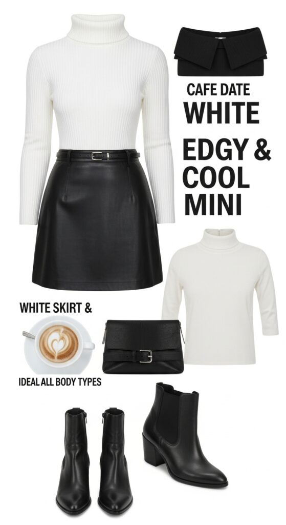 22 Leather Skirt Outfits for an Edgy, Cool Vibe 9 Cafe Date White Turtleneck & Black Leather Mini
