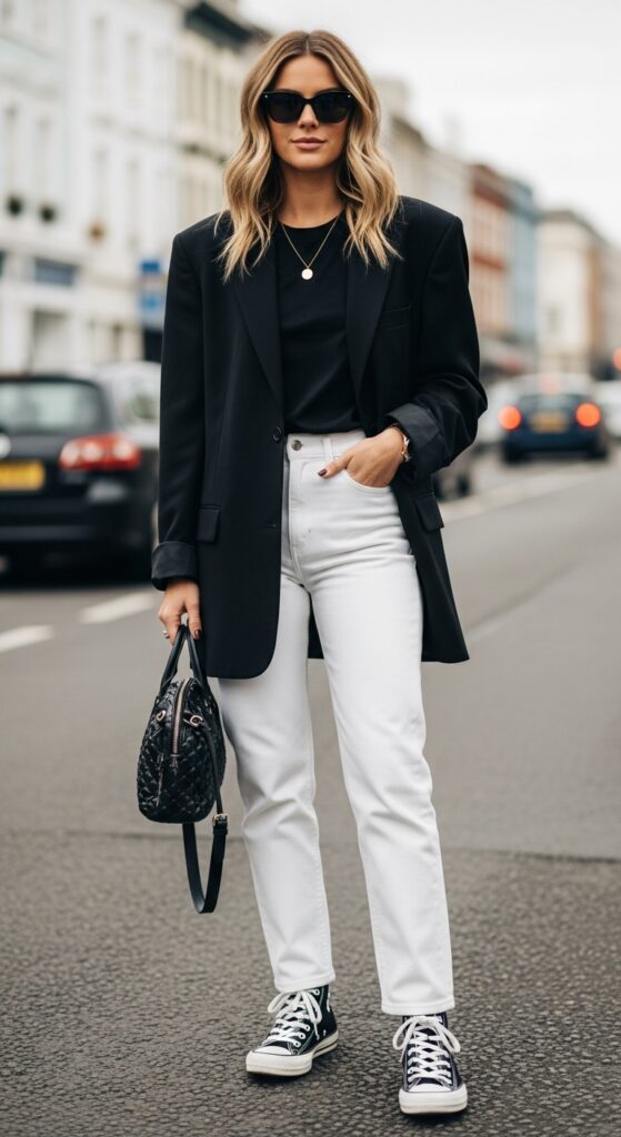 London Outfit Guide: 31 Chic Looks for U.S. Women in 2025 7 Camden Edge Black Blazer & White Jeans