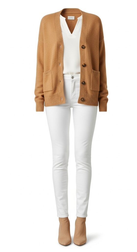 20 Cozy and Chic Sweater Outfit Ideas You’ll Want to Wear All Season Long 7 Camel Cardigan and White Jeans
