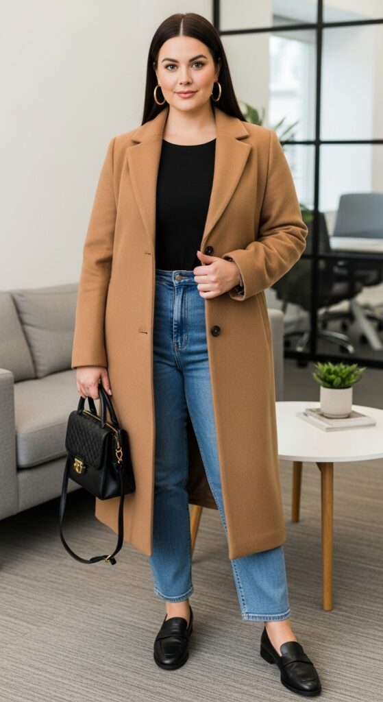 Camel Wool Coat and Jeans for Casual Fridays