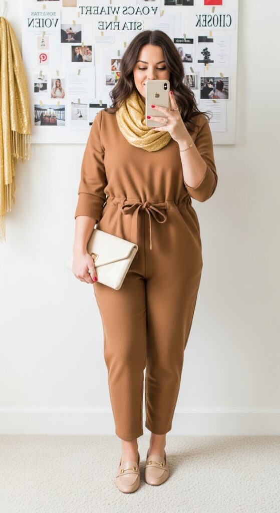 Camel Wool Jumpsuit and Loafers for Creative Meetings