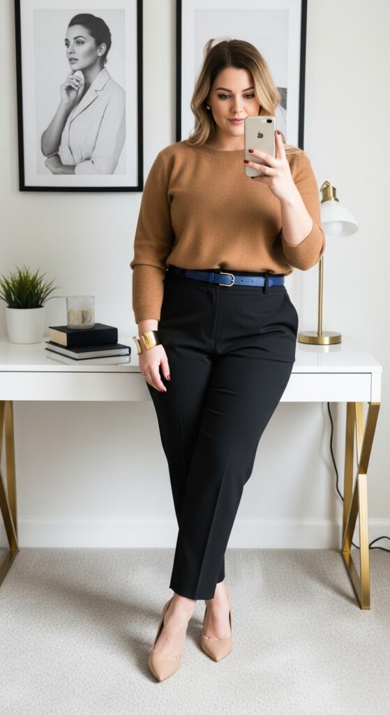Camel Wool Top and Trousers for Daily Office Wear