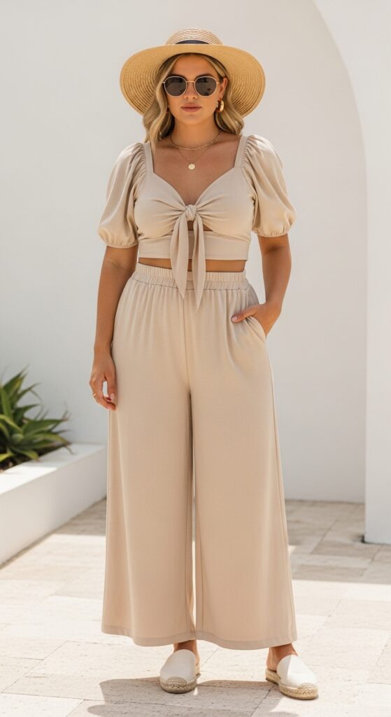 Mexico Outfit Guide: 33 Stylish Vacation Looks for U.S. Women in 2025 13 Cancún Day Trip Beige Crop Top & Wide-Leg Pants
