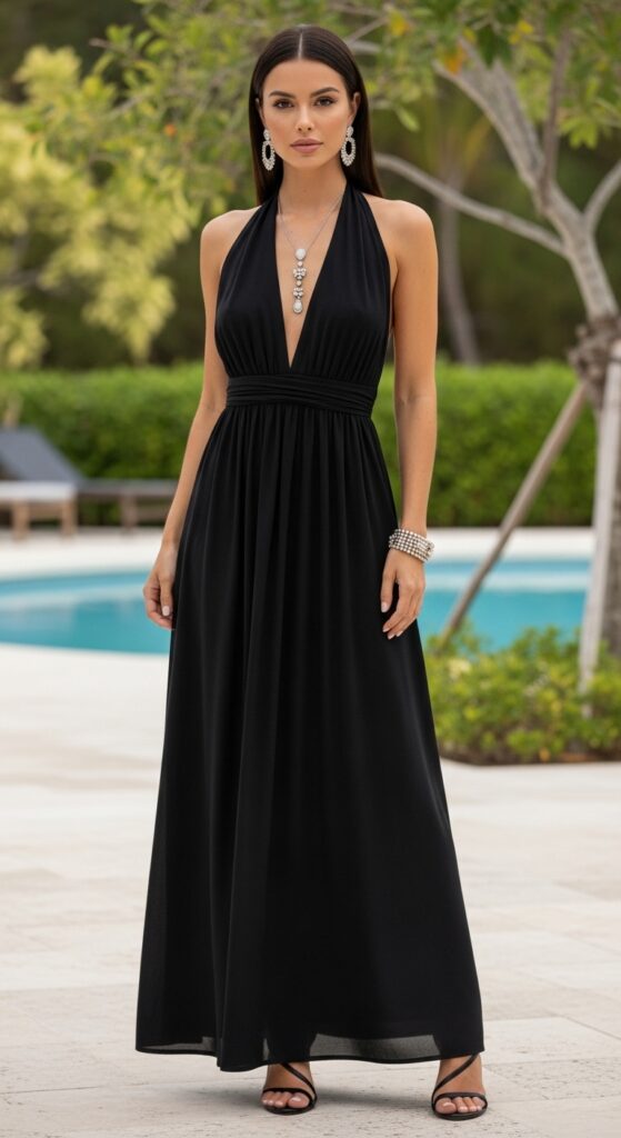 Mexico Outfit Guide: 33 Stylish Vacation Looks for U.S. Women in 2025 16 Cancún Elegance Black Halter Maxi Dress