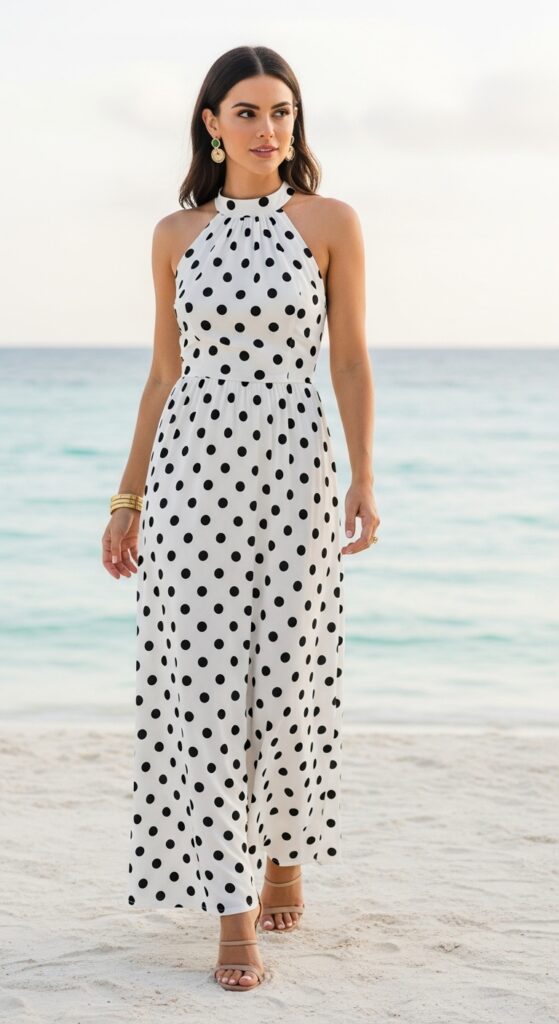 Mexico Outfit Guide: 33 Stylish Vacation Looks for U.S. Women in 2025 22 Cancún Night Polka Dot Halter Maxi Dress