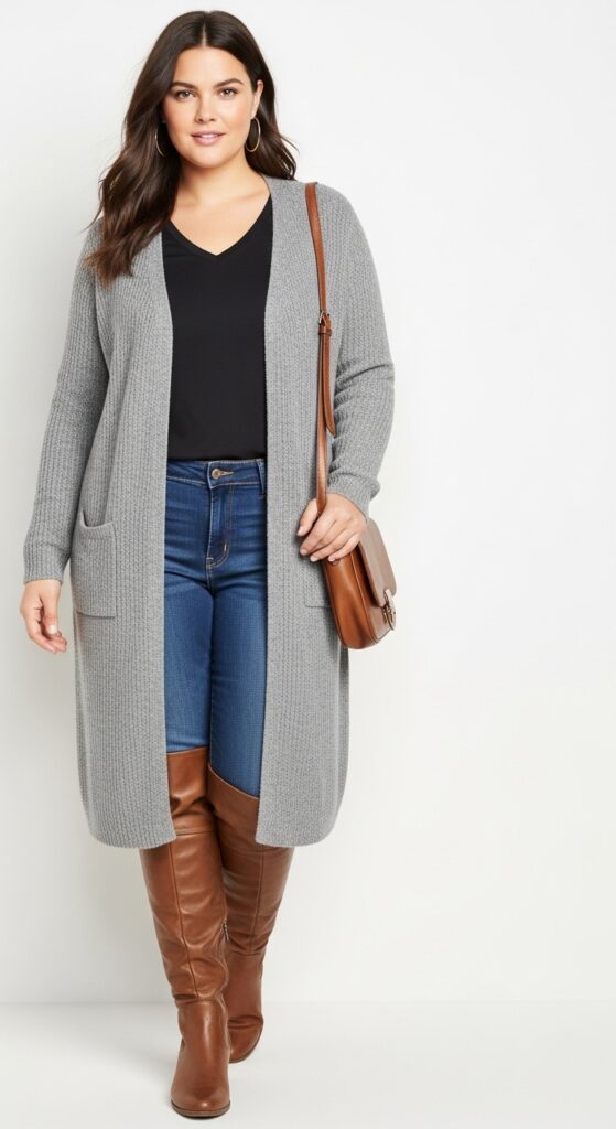 24 Plus Size Casual Winter Fashion Outfits That Celebrate Your Curves 15 Cardigan & Jeans Classic