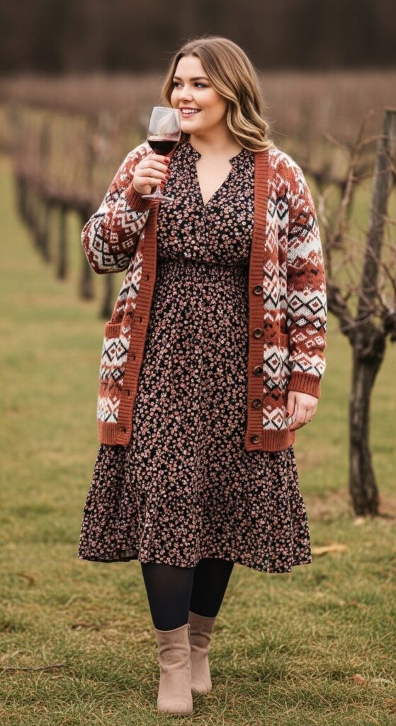 11 Plus Size Winter Winery Outfits (Taste Wine in Style) 7 Cardigan & Midi Dress