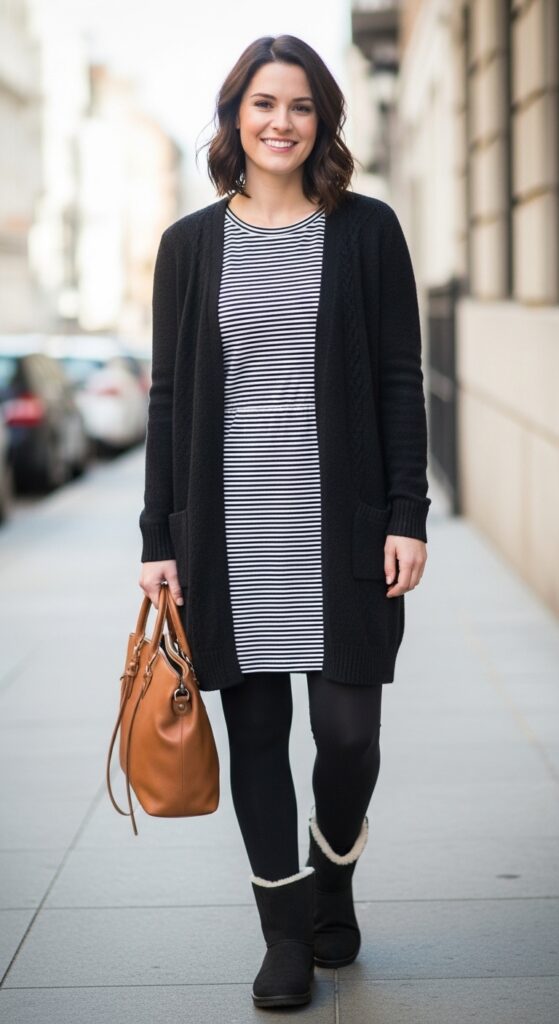 Cardigan, Striped Dress, and Leggings